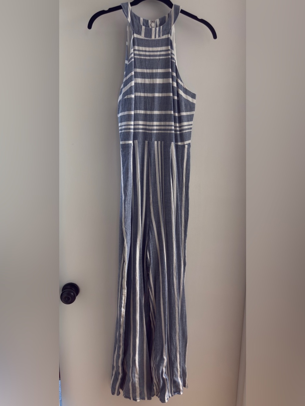 Express Light Blue and White Striped Halter Jumpsuit